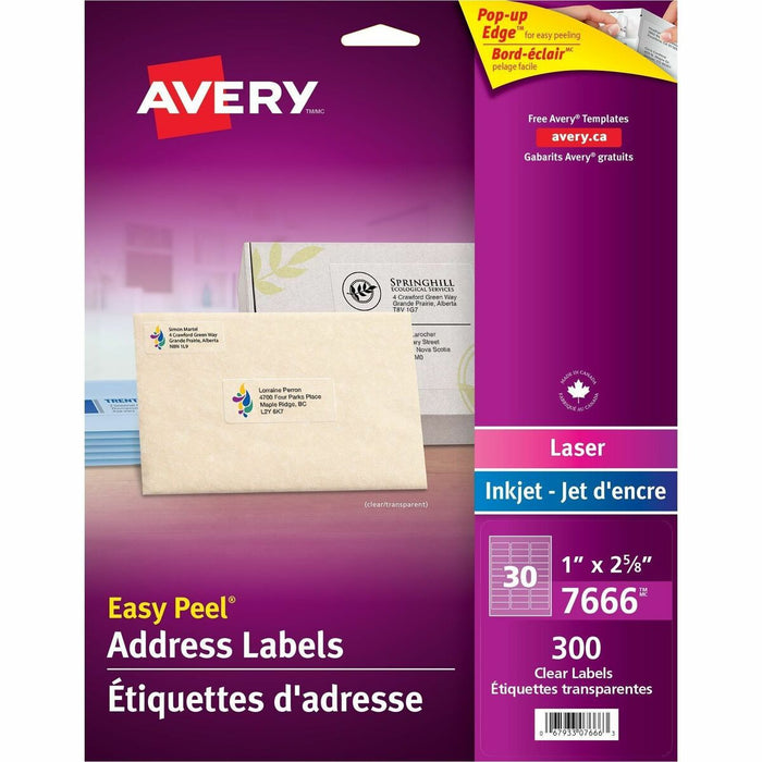 Avery&reg; Rectangle Clear Labels with Easy Peel&reg;1" x 2-5/8" , for Laser/Inkjet Printers - 2 5/8" (66.68 mm) Width x 1" (25.40 mm) Length - Rectangle - Laser, Inkjet - Glossy - Clear - 30 / Sheet - 300 / Pack