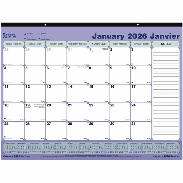 Blueline Monthly Desk Pad Calendar with Vinyl Strip, 21-1/4" x 16" , Bilingual - Bilingual - Julian Dates - Monthly, Yearly - 12 Month - January 2026 to December 2026 - 1 Month Single Page Layout - 21 1/4" (539.75 mm) x 16" (406.40 mm) Sheet Size - 2 x Ho