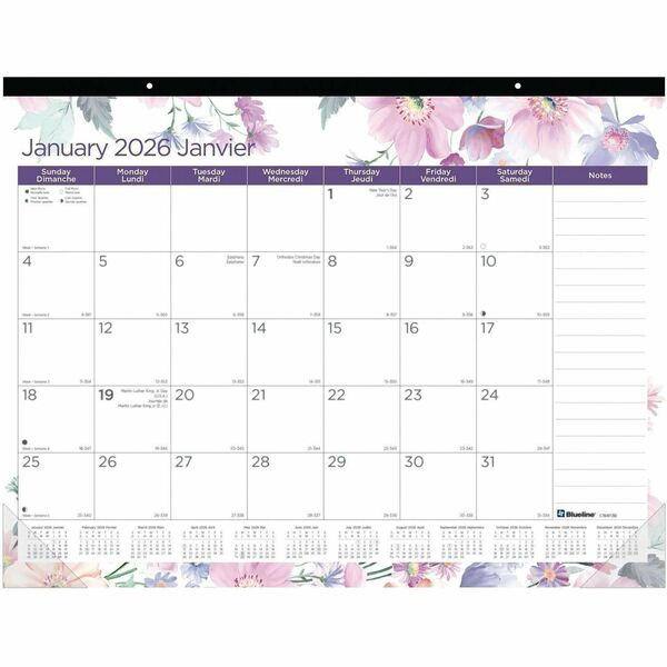 Blueline Passion Monthly Desk Pad Calendar, 22" x 17" , Bilingual - Julian Dates - Monthly, Daily - 12 Month - January 2026 to December 2026 - 1 Month Single Page Layout - 22" (558.80 mm) x 17" (431.80 mm) Sheet Size - 2 x Holes - Desk Pad - Multicolor -