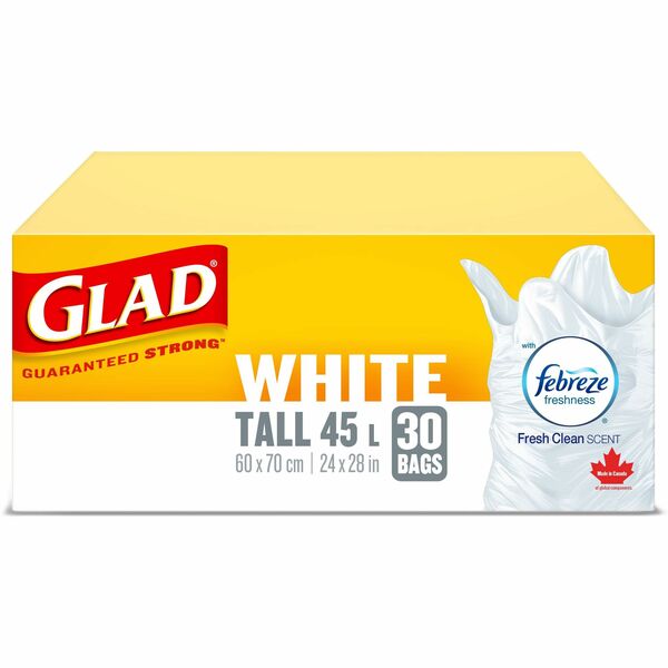 Glad Easy-Tie Tall White Kitchen Catchers Bags - 42.50 L Capacity - 27.50" (698.50 mm) Length x 23.50" (596.90 mm) Width - White - Kitchen, Garbage, Office, Bathroom, Bedroom - 30 / Box