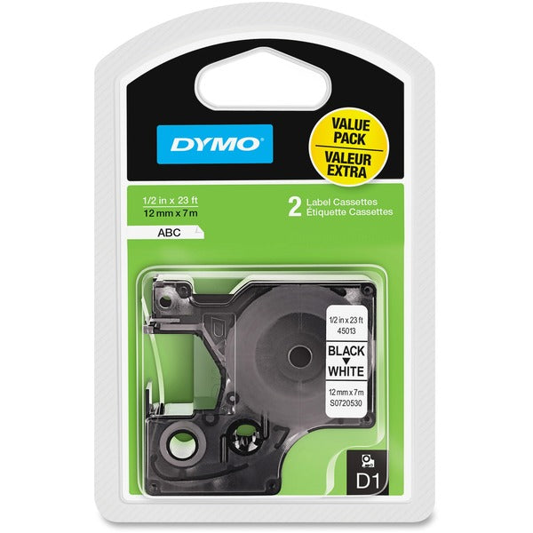 Dymo D1 1/2" Tape Label Cassette - 1/2" (12.70 mm) Width - Black, White - 2 / Pack
