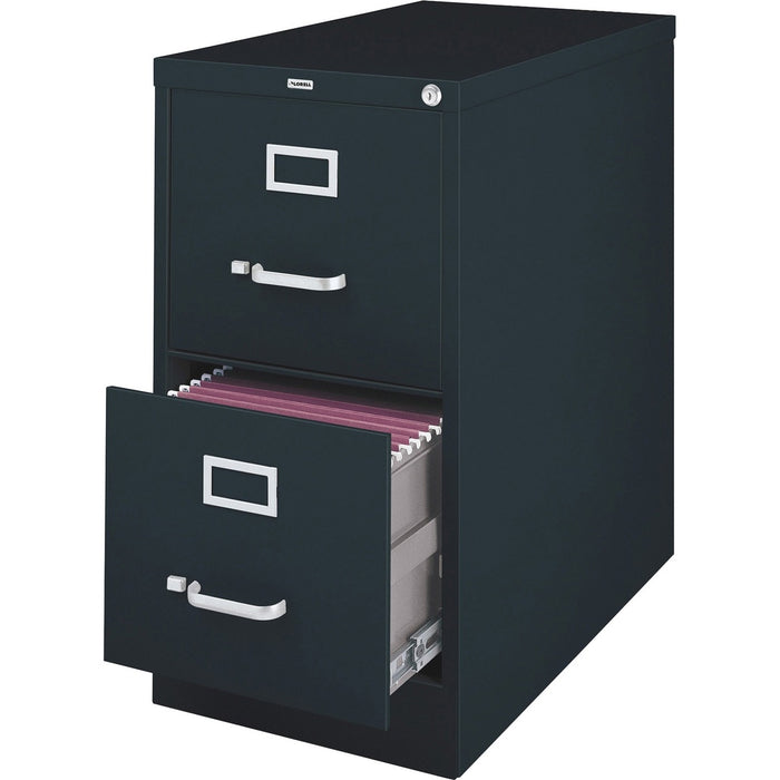 Lorell File Cabinet - 2-Drawer - 18" (45.72 cm) Width x 25" (63.50 cm) Depth x 28.37" (72.07 cm) Height - 2 x Drawer(s) for File - Legal - Vertical - Ball-bearing Suspension, Lockable, Hanging Bar, Pull Handle - Black - Yes