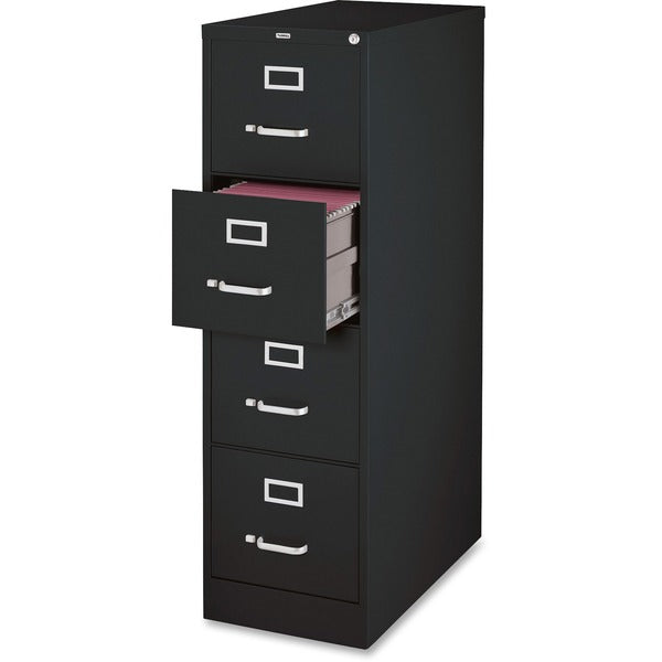 Lorell File Cabinet - 4-Drawer - 18" (457.20 mm) Width x 25" (635 mm) Depth x 52" (1320.80 mm) Height - 4 x Drawer(s) for File - Legal - Vertical - Ball-bearing Suspension, Lockable, Hanging Bar, Pull Handle - Black - Recycled