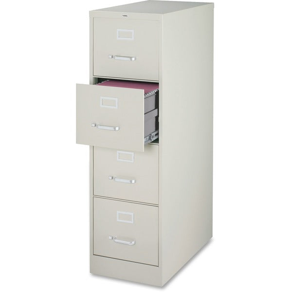 Lorell File Cabinet - 4-Drawer - 18" (457.20 mm) Width x 25" (635 mm) Depth x 52" (1320.80 mm) Height - 4 x Drawer(s) for File - Legal - Vertical - Ball-bearing Suspension, Lockable, Hanging Bar, Pull Handle - Light Gray - Recycled