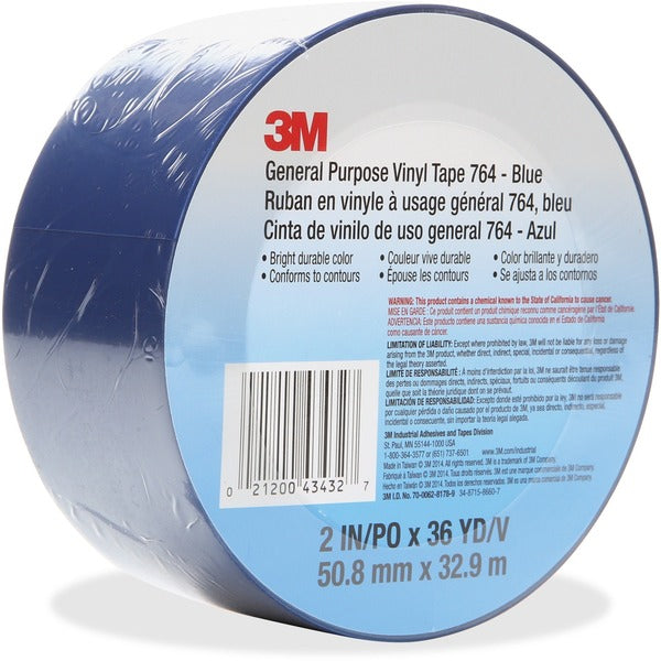 3M General Purpose 764 Vinyl Tape - 36 yd (32.9 m) Length x 2" (50.8 mm) Width - Blue - Vinyl, Rubber - 4 mil (0.10 mm) - Polyvinyl Chloride (PVC) Backing - Corrosion Resistant, Abrasion Resistant, Wear Resistant, Fade Resistant, Moisture Resistant - For