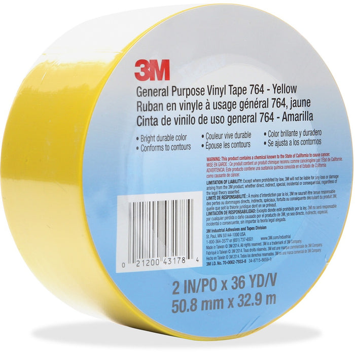3M General Purpose 764 Vinyl Tape - 36 yd (32.9 m) Length x 2" (50.8 mm) Width - Yellow - Vinyl - 4 mil (0.10 mm) - Polyvinyl Chloride (PVC) Backing - Corrosion Resistant, Abrasion Resistant, Wear Resistant, Fade Resistant, Moisture Resistant - For Genera
