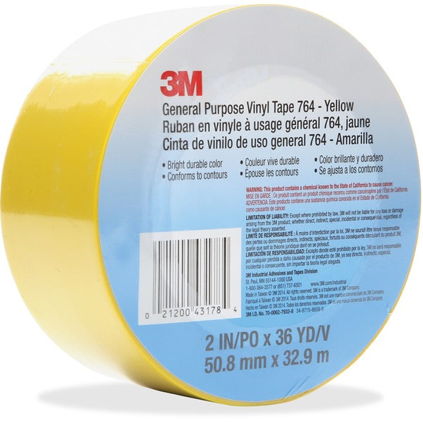 3M General Purpose 764 Vinyl Tape - 36 yd (32.9 m) Length x 2" (50.8 mm) Width - Yellow - Vinyl - 4 mil (0.10 mm) - Polyvinyl Chloride (PVC) Backing - Corrosion Resistant, Abrasion Resistant, Wear Resistant, Fade Resistant, Moisture Resistant - For Genera