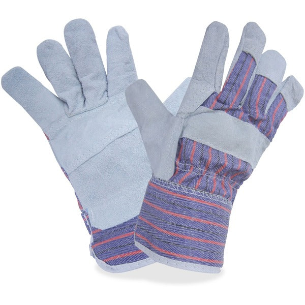 RONCO Split Leather Gloves - Large Size - Split Leather - Gray, Blue - Reinforced, Knuckle Strap, Abrasion Resistant, Cut Resistant, Breathable, Comfortable - For Industrial Maintenance, Warehouse - Pairs - 12 / Bag