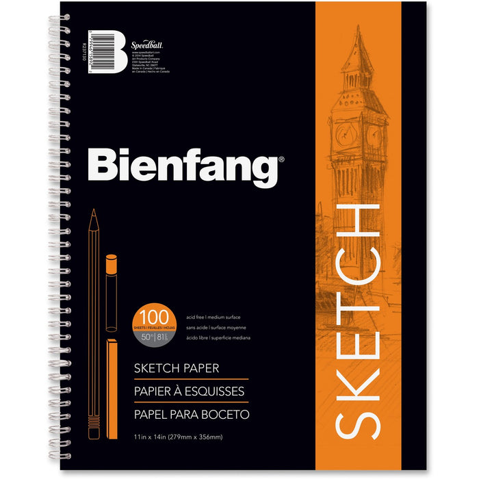 Bienfang Sketch Book - 100 Sheets - Spiral Bound - 50 lb (22679.62 g) Basis Weight - 14" (355.60 mm) Height x 11" (279.40 mm) Width - White Paper - Acid-free, Textured - 1 Each