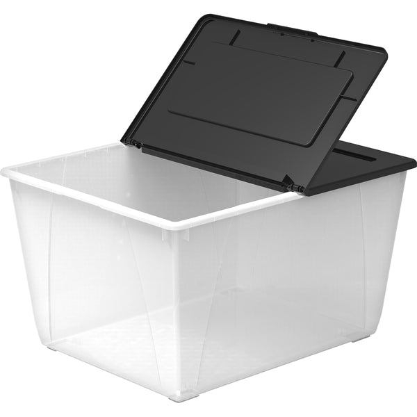 Storex 60L Flip Top File Storage Tote - External Dimensions: 22.7" (576.58 mm) Length x 18.3" (463.55 mm) Width x 12.9" (326.64 mm) Height - 50 lb (22679.62 g) - 60 L - Media Size Supported: Legal, Letter - Flip Top Closure - Stackable - Plastic - Clear,