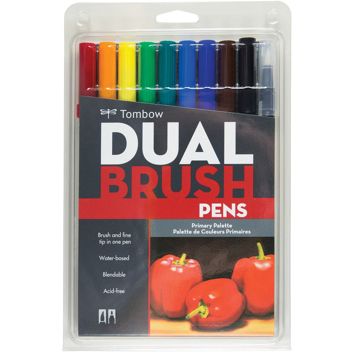 Tombow Dual Brush Art Pen 10-piece Set - Primary Colours - Assorted Ink - Water Based - 10 / Set