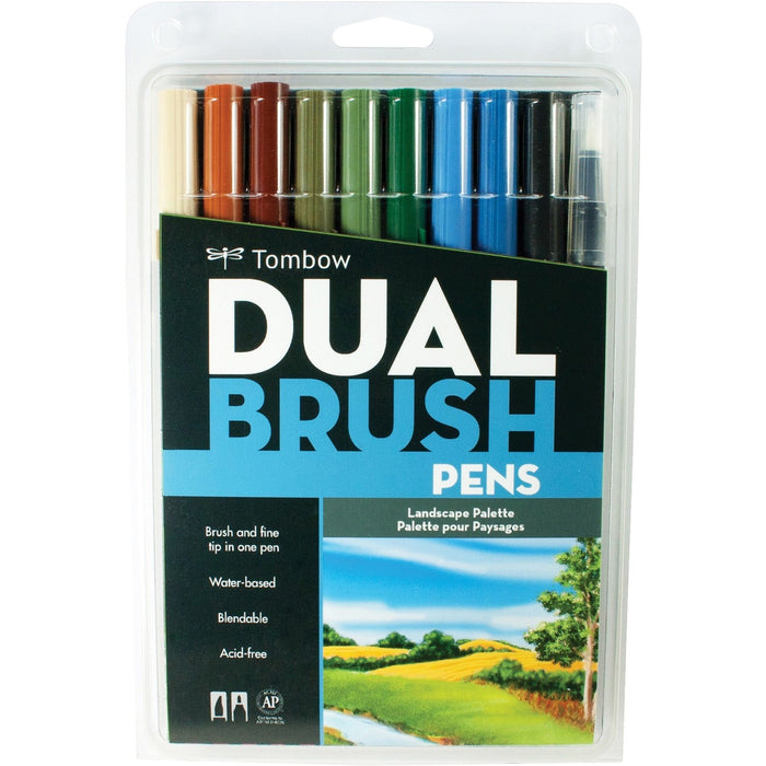 Tombow Dual Brush Art Pen 10-piece Set - Landscape Colours - Burnt Sienna, Warm Gray, Hunter Green, True Blue, Navy Blue, Lamp Black, Gray Green, Redwood, Light Sand Ink - Water Based - Nylon Tip - 10 / Set