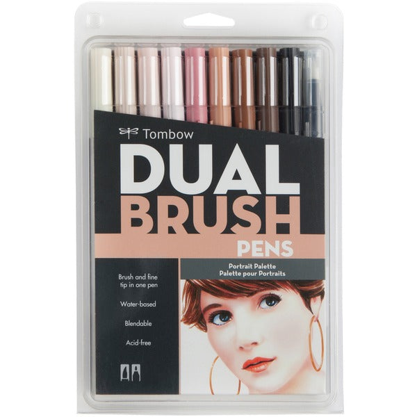 Tombow Dual Brush Art Pen 10-piece Set - Portrait Colours - Fine Marker Point - Brush Marker Point Style - Peach, Tan, Black, Chocolate, Saddle Brown, Pale Cherry, Blush, Baby Pink, Flesh Water Based Ink - Nylon Tip - 10 / Set