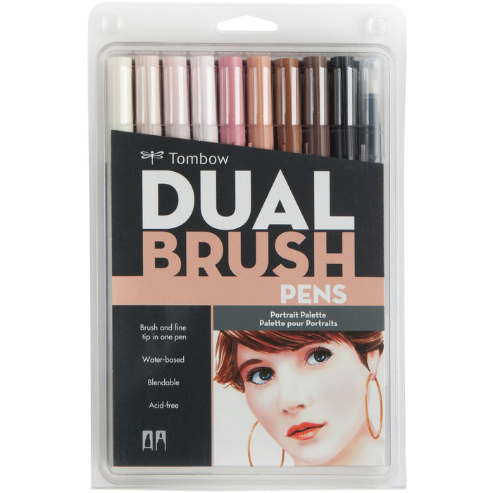 Tombow Dual Brush Art Pen 10-piece Set - Portrait Colours - Peach, Tan, Black, Chocolate, Saddle Brown, Pale Cherry, Blush, Baby Pink, Flesh Ink - Water Based - Nylon Tip - 10 / Set