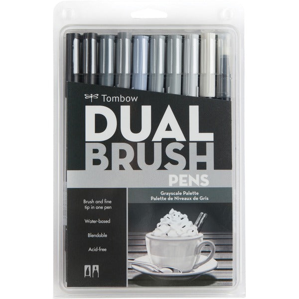 Tombow Dual Brush Art Pen 10-piece Set - Grayscale Colours - Fine Brush Marker Point - Assorted Ink - Water Based - Nylon Tip - 10.0 / Set