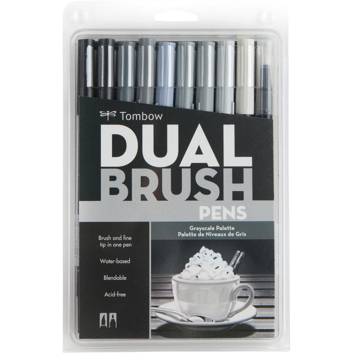 Tombow Dual Brush Art Pen 10-piece Set - Grayscale Colours - Assorted Ink - Water Based - Nylon Tip - 10.0 / Set