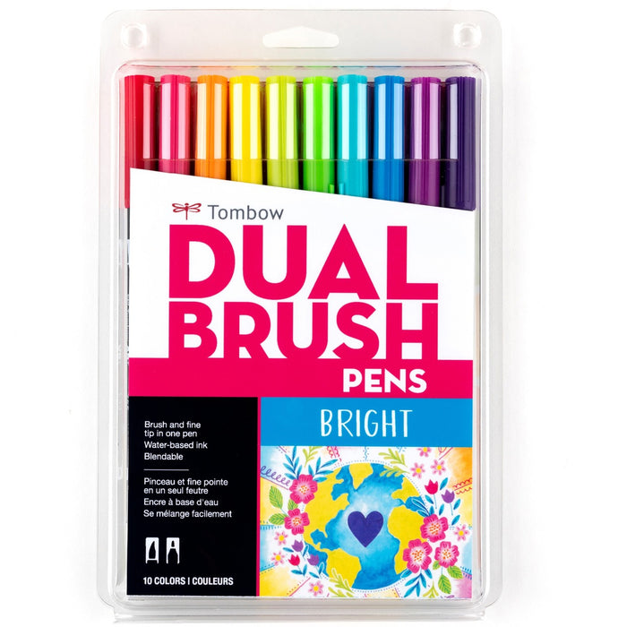 Tombow Dual Brush Pen Set - Hot Pink, Orange, Chartreuse, Willow Green, Purple, Rubine Red, Process Yellow, Reflex Blue, Imperial Purple Ink - Water Based - Nylon Tip - 1 Pack