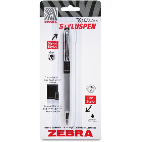Zebra Pen Telescopic Ballpoint Stylus Pen - 1 - 27.56 mil (0.70 mm) - Black
