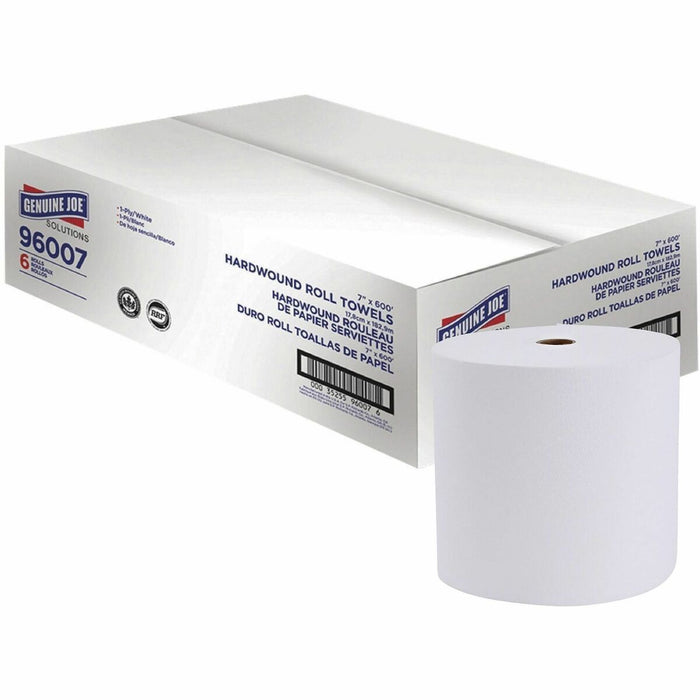 Genuine Joe Solutions 1-ply Hardwound Towels - 1 Ply - 7" (177.80 mm) Width x 600 ft (182.88 m) Length - 0.98" (24.89 mm) Core - White - Virgin Fiber - 6 / Carton