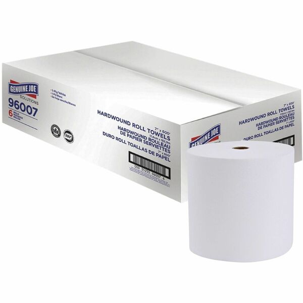 Genuine Joe Solutions 1-ply Hardwound Towels - 1 Ply - 7" (177.80 mm) Width x 600 ft (182.88 m) Length - 0.98" (24.89 mm) Core - White - Virgin Fiber - 6 / Carton