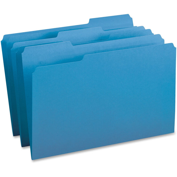 Business Source 1/3 Tab Cut Legal Recycled Top Tab File Folder - 8 1/2" (215.90 mm) x 14" (355.60 mm) - Top Tab Location - Assorted Tab Position - 11 pt. (3.87 mm) - 1 Plys - Blue - 10% Recycled - 100 / Box
