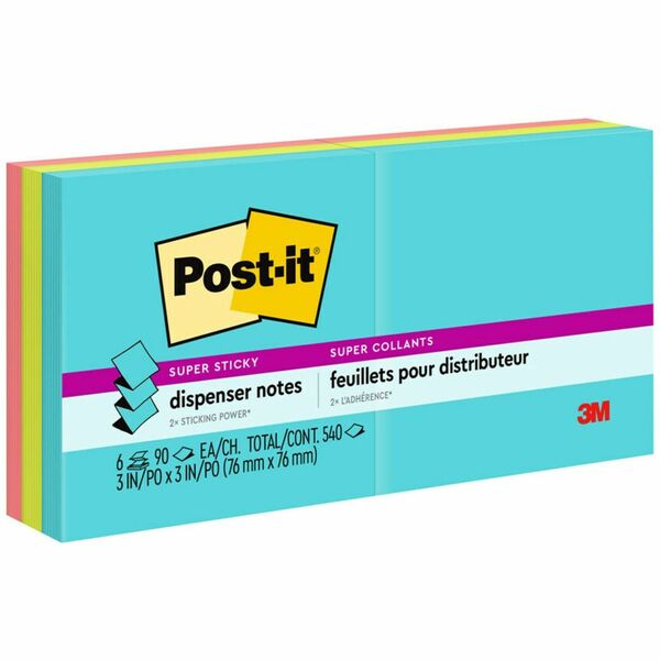 Post-it&reg; Super Sticky Dispenser Notes - Supernova Neons Color Collection - 540 x Multicolor - 3" x 3" - Rectangle - 90 Sheets per Pad - Aqua Splash, Acid Lime, Guava - Paper - Self-adhesive, Removable, Recyclable - 6 / Pack