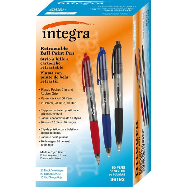 Integra 1.0mm Retractable Ballpoint Pen - 1 mm (0.04") Medium Pen Point - Retractable - Assorted Ink - 50 / Box
