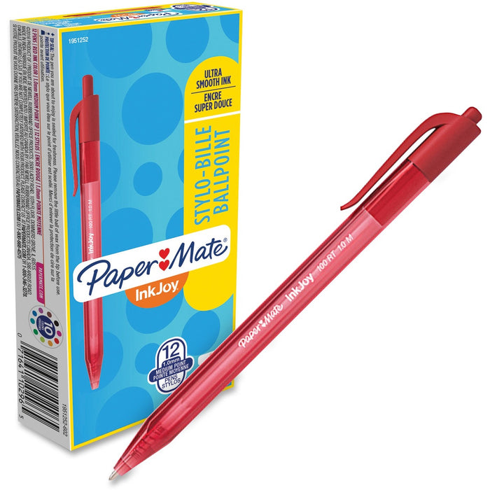 Paper Mate InkJoy 100 RT Pens - Retractable - Red Ink - Translucent Barrel - 1 Dozen