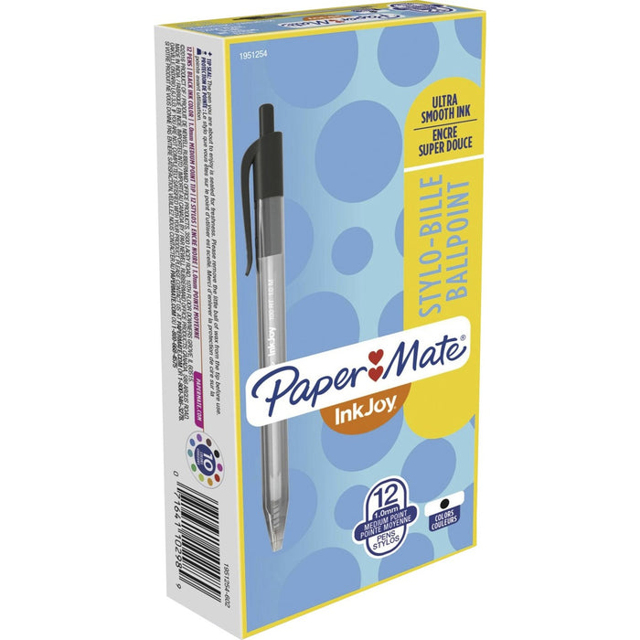 Paper Mate InkJoy 100 RT Pens - Retractable - Black Ink - Translucent Barrel - 12 / Box