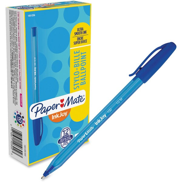 Paper Mate Inkjoy 100 ST Ballpoint Stick Pens - 1 mm (0.04") Medium Pen Point - Blue Ink - Translucent Barrel - 1 Dozen