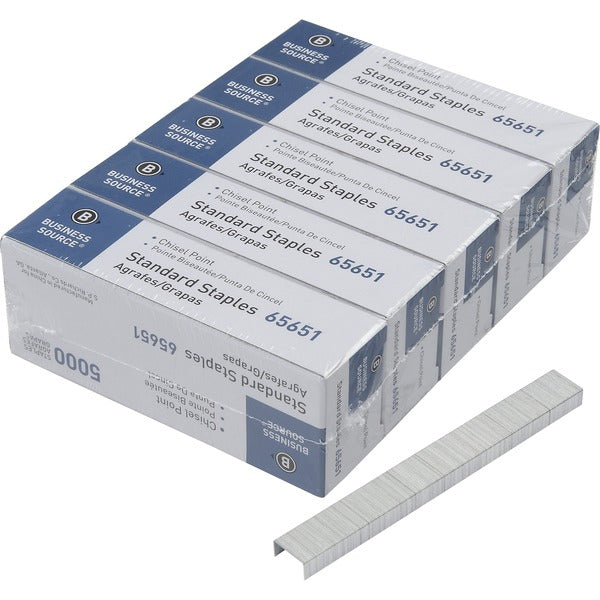 Business Source Chisel Point Standard Staples - 210 Per Strip - Standard - 1/4" (6.35 mm) Leg - 1/2" (12.70 mm) Crown - Holds 30 Sheet(s) - for Paper - Chisel Point - Silver - Galvanized Iron - 5000/Box - 5 / Pack