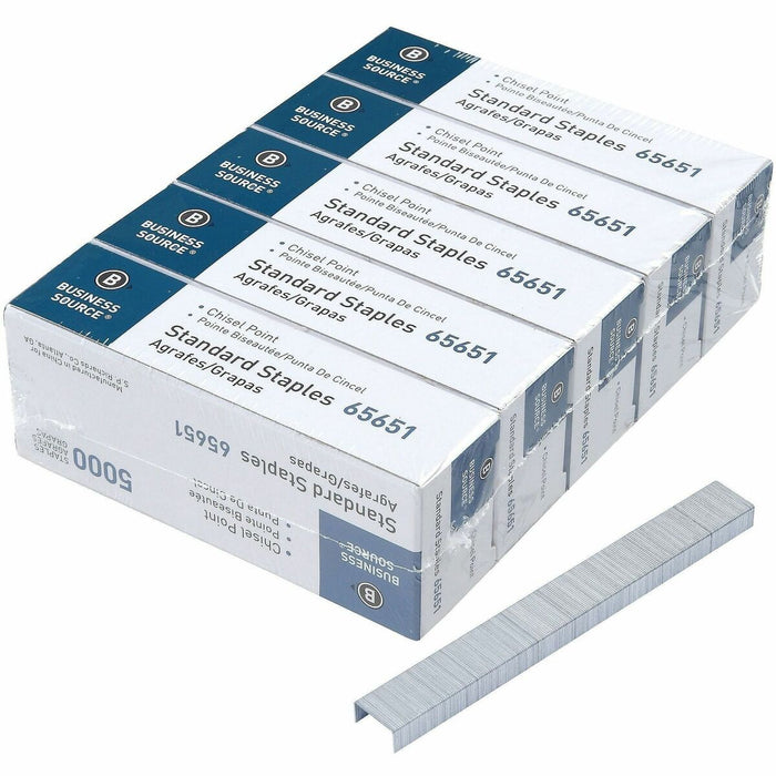 Business Source Chisel Point Standard Staples - Standard - 1/4" (6.35 mm) Leg - 1/2" (12.70 mm) Crown - Holds 30 Sheet(s) - for Paper - Chisel Point - Silver - Galvanized Iron - 210 Per Strip - 5000/Box - 5 / Pack