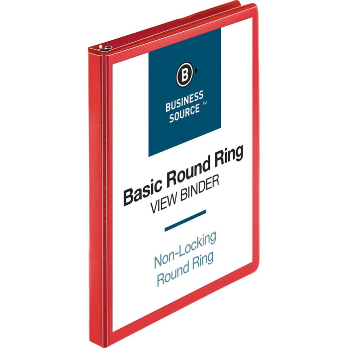 Business Source Round Ring Binder - 1/2" (12.70 mm) Binder Capacity - Fastener: Round Ring - Pocket: 2, Internal - Red - Clear Overlay, Labeling Area - 1 Each
