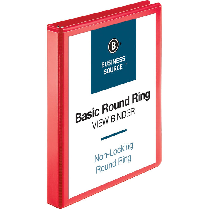 Business Source Round Ring Binder - 1" (25.40 mm) Binder Capacity - Fastener: Round Ring - Pocket: 2, Internal - Red - Clear Overlay, Labeling Area - 1 Each