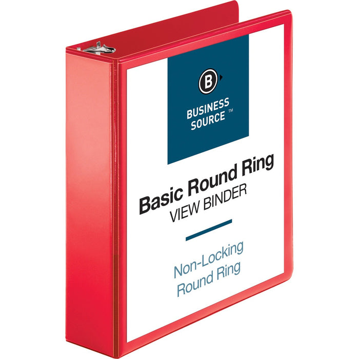 Business Source Round Ring Binder - 2" (50.80 mm) Binder Capacity - Fastener: Round Ring - Pocket: 2, Internal - Red - Clear Overlay, Labeling Area - 1 Each