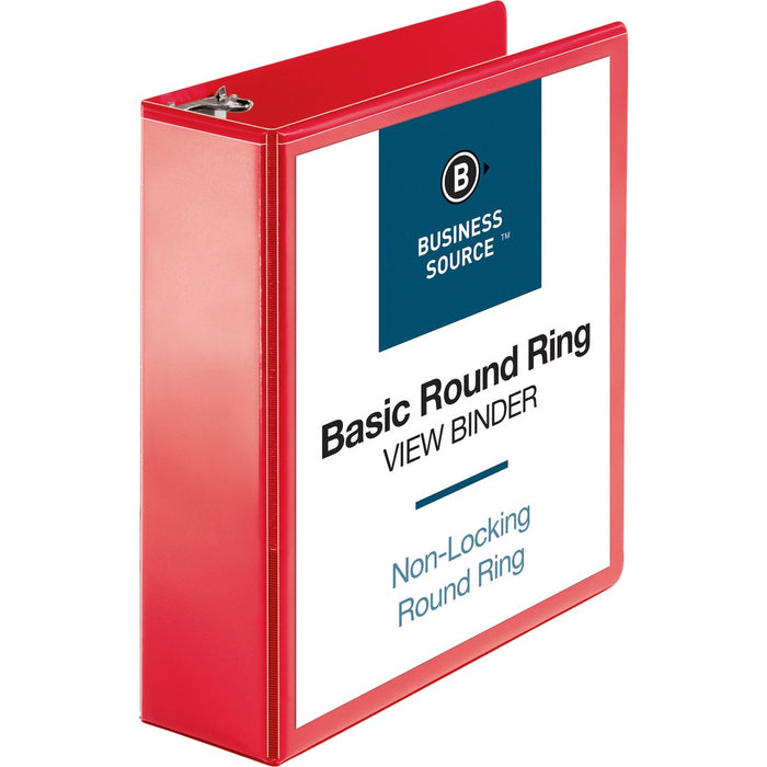 Business Source Round Ring Binder - 3" (76.20 mm) Binder Capacity - Fastener: Round Ring - Pocket: 2, Internal - Red - Clear Overlay, Labeling Area - 1 Each