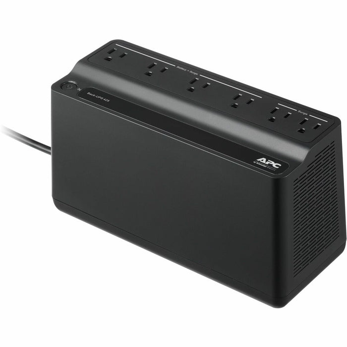 APC Back-UPS 425VA, 120V, 6 NEMA outlets (2 surge), Battery not user replaceable - Tower - 8 Hour Recharge - 3 Minute Stand-by - 120 V Input - 120 V AC Output - Single Phase - Square Wave - 2 x NEMA 5-15R Surge, 4 x NEMA 5-15R Receptacle(s) - 6 x Battery/
