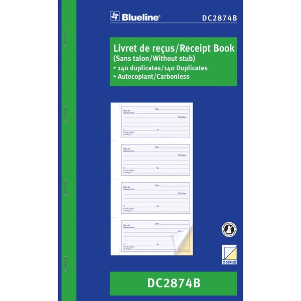 Blueline Receipt Book - 2 Part - Carbonless Copy - 6 3/4" (17.1 cm) x 10 7/8" (27.6 cm) Sheet Size - Blue Cover - 1 Each