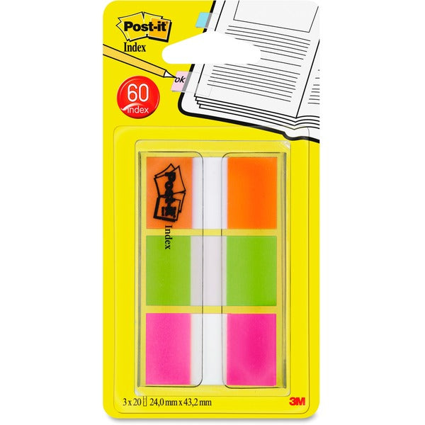 Post-it&reg; Flags, Orange, Lime, Pink .94 in wide, 60/On-the-Go Dispenser, 1 Dispenser/Pack - 20 x Orange, 20 x Lime Green, 20 x Pink - 15/16" (23.88 mm) Flag/Note Width - Plain - Orange, Lime Green, Pink - Writable, Removable, Residue-free - Dispenser I