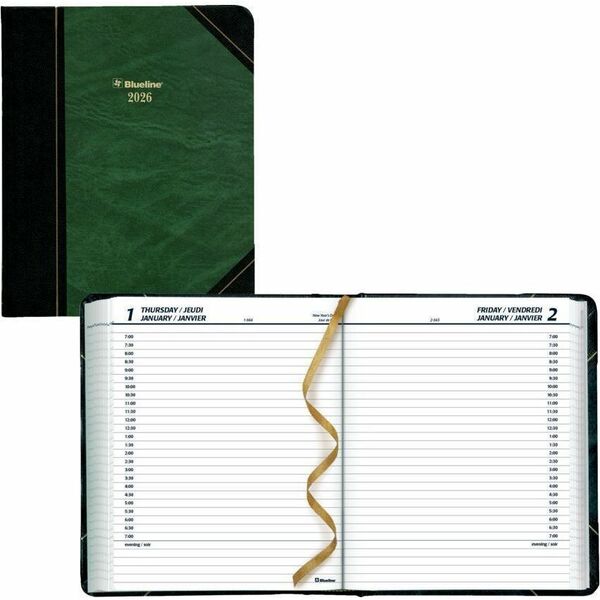 Blueline Traditional Daily Planner, 8" x 6-1/2" , Bilingual, Green - Daily - 12 Month - January 2026 to December 2026 - 7:00 AM to 7:00 PM - Half-hourly - 1 Day Single Page Layout - 6 3/4" (171.45 mm) x 8 1/4" (209.55 mm) Sheet Size - Sewn - Black, Green