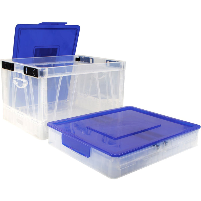 Storex Collapsible Crate with Lid, Clear/Blue - Lid Lock Closure - Clear, Blue - For Letter, Grocery, File - Yes - 1 Each