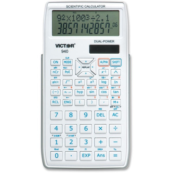 Victor Scientific Calculator with 2 Line Display - 240 Functions - Dual Power, Hard Shell Cover - 2 Line(s) - 10 Digits - Battery/Solar Powered - 1 x CR2032 - 3.2" (81.28 mm) Width x 0.6" (15.24 mm) Depth x 6" (152.40 mm) Length - White, Blue - 1 Each