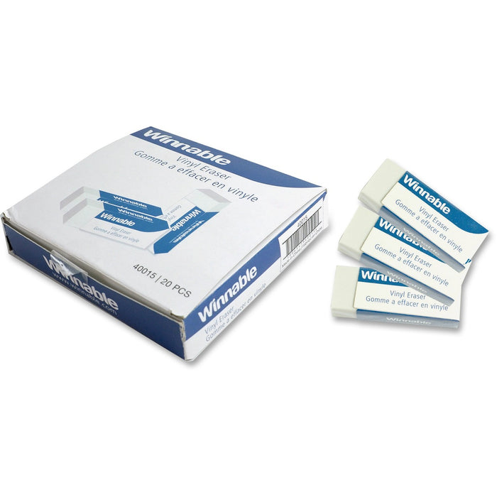 Winnable Vinyl Eraser - White - Rectangle - Vinyl, Plastic - 2.50" (63.50 mm) Width x 1" (25.40 mm) Height x 0.50" (12.70 mm) Depth - 20 / Box - Soft, Smudge-free, Non-smearing, Non-marring, Protective Sleeve