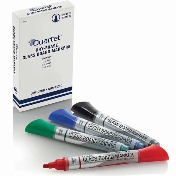 Quartet Premium Dry-Erase Markers for Glass Boards - Bullet Marker Point - Erasable - Black, Blue, Red, Green Ink - 4 / Pack