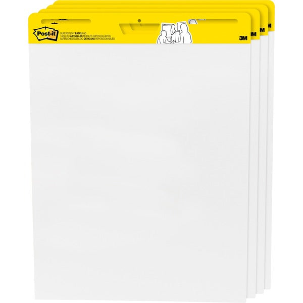 Post-it&reg; Plain Sheet Easel Pad - 30 Sheets - 50 Pages - 25" x 30" - White Paper - Self-stick, Resist Bleed-through, Super Sticky, Sturdy Back, Built-in Carry Handle, Slot Perforated, Adhesive Backing - 4 / Pack