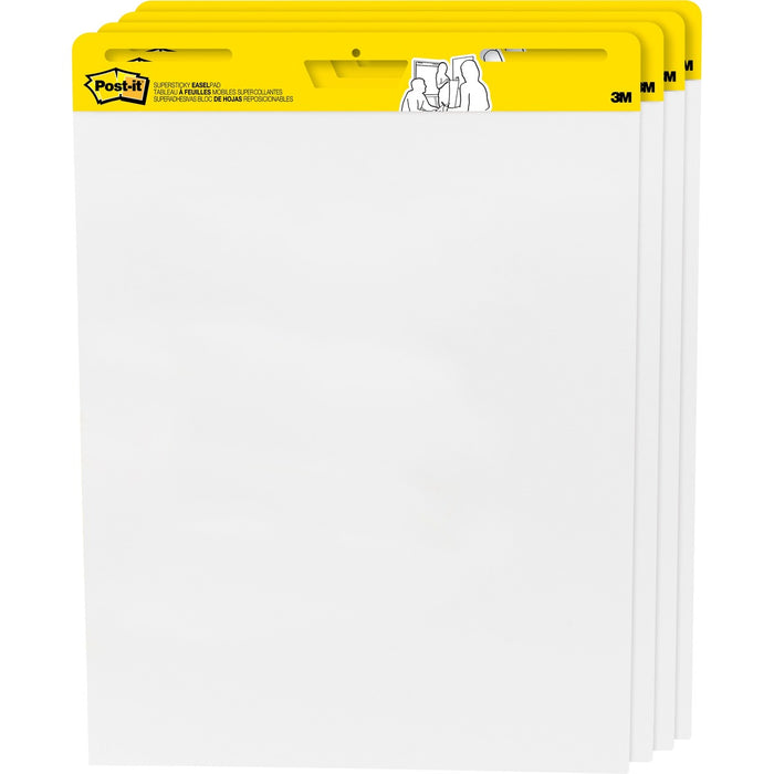 Post-it&reg; Plain Sheet Easel Pad - 30 Sheets - 25" (63.50 cm) x 30" (76.20 cm) Sheet Size - White Paper - Self-stick, Resist Bleed-through, Super Sticky, Sturdy Back, Built-in Carry Handle, Slot Perforated, Adhesive Backing - 4 Pads/Pack - 4 / Pack