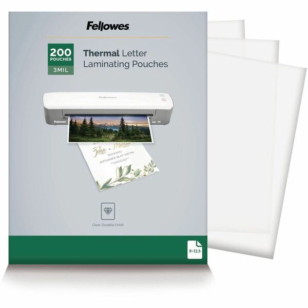 Fellowes Letter-Size Thermal Laminating Pouches - Sheet Size Supported: Letter 8.50" (215.90 mm) Width x 11" (279.40 mm) Length - Laminating Pouch/Sheet Size: 9" (228.60 mm) Width x 3 mil (0.08 mm) Thickness - Durable - Clear - 200 / Pack