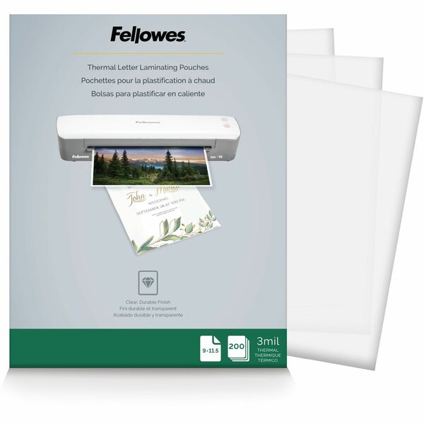 Fellowes Letter-Size Thermal Laminating Pouches - Sheet Size Supported: Letter 8.50" (215.90 mm) Width x 11" (279.40 mm) Length - Laminating Pouch/Sheet Size: 9" (228.60 mm) Width x 3 mil (0.08 mm) Thickness - Durable - Clear - 200 / Pack