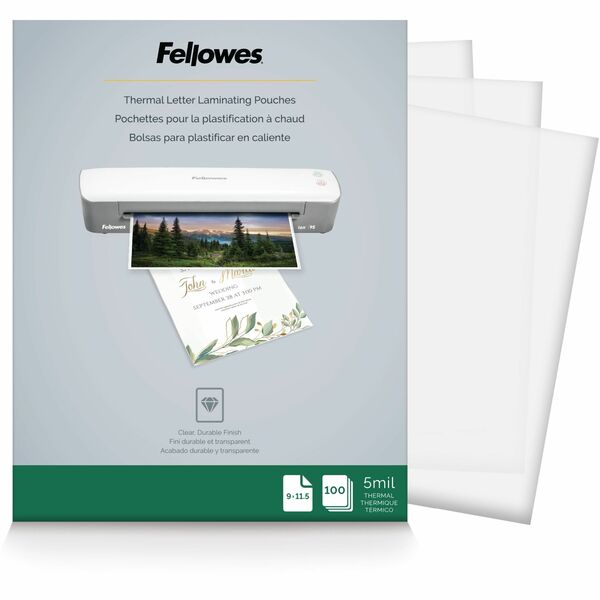 Fellowes Letter-Size Thermal Laminating Pouches - Sheet Size Supported: Letter 8.50" (215.90 mm) Width x 11" (279.40 mm) Length - Laminating Pouch/Sheet Size: 9" (228.60 mm) Width x 5 mil (0.13 mm) Thickness - Glossy - for Document - Durable, Photo-safe,
