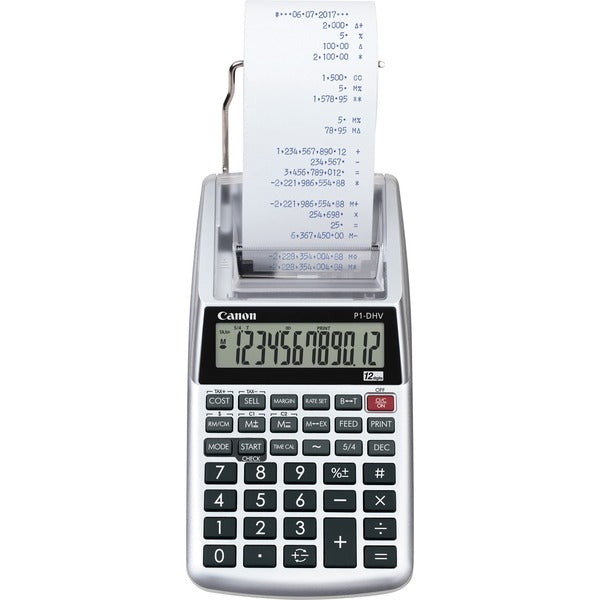 Canon P1DHV3 Compact Printing Calculator - Sign Change, Built-in Memory, Item Count, Clock, Calendar - 12 Digits - 1.6" x 3.9" x 7.7" - Sliver - 1 Each